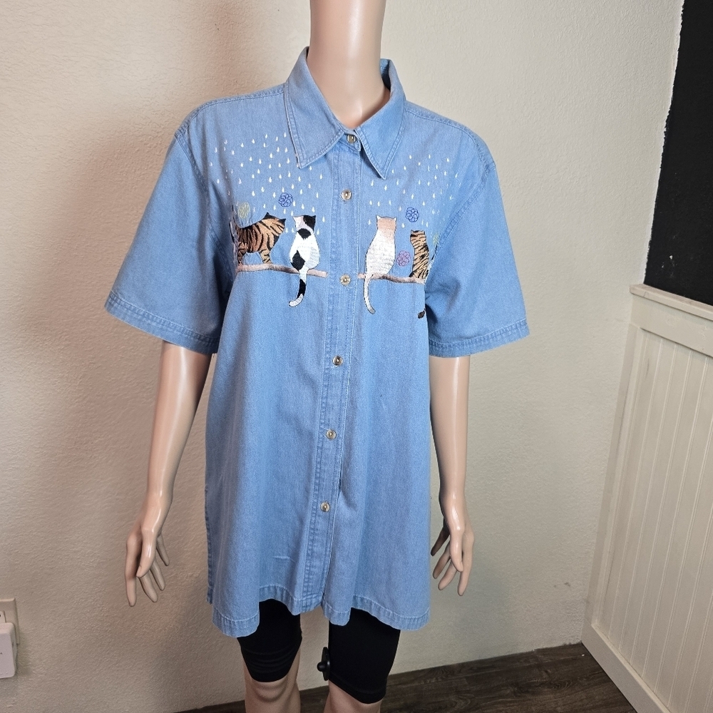 Vintage Passion Denim Short Sleeve Button Shirt Cats Size Xl 💯 cotton